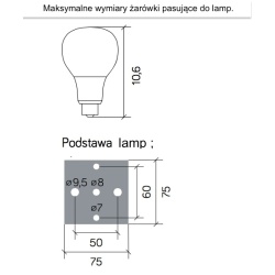 Rysunek podstawy i maksymalne wymiary żarówki do lamp